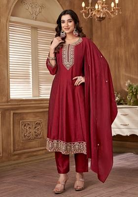 Maroon Sequin Zari Embroidered Roman Silk Kurta Set