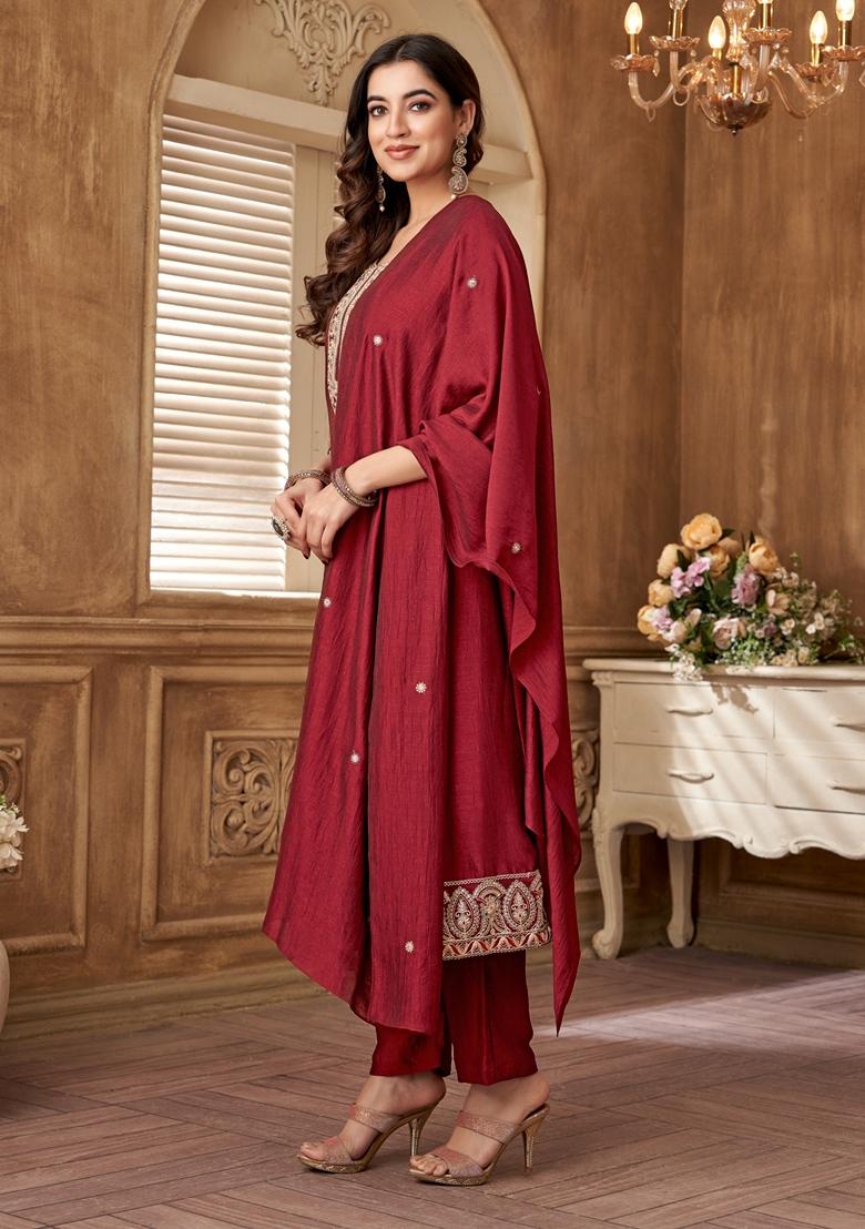 Maroon Sequin Zari Embroidered Roman Silk Kurta Set