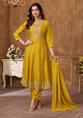Mustard Yellow Sequin Zari Embroidered Roman Silk Kurta Set