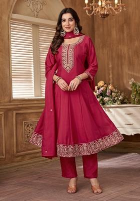 Pink Sequin Zari Embroidered Roman Silk Kurta Set