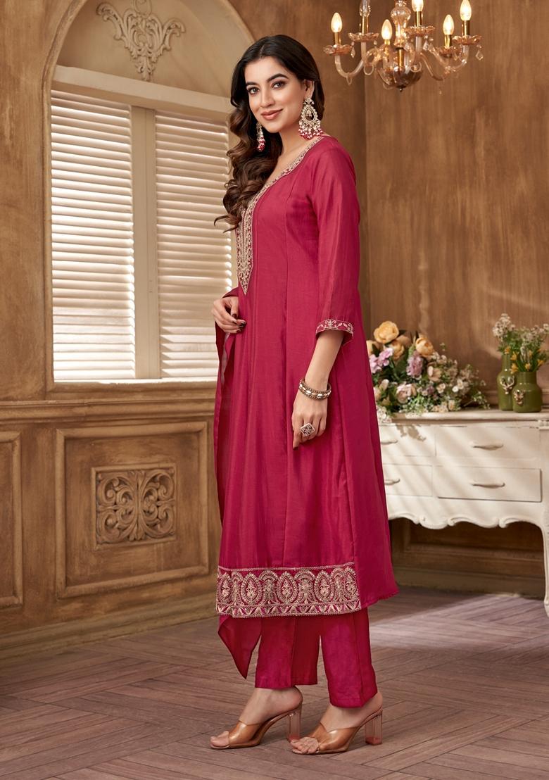 Pink Sequin Zari Embroidered Roman Silk Kurta Set