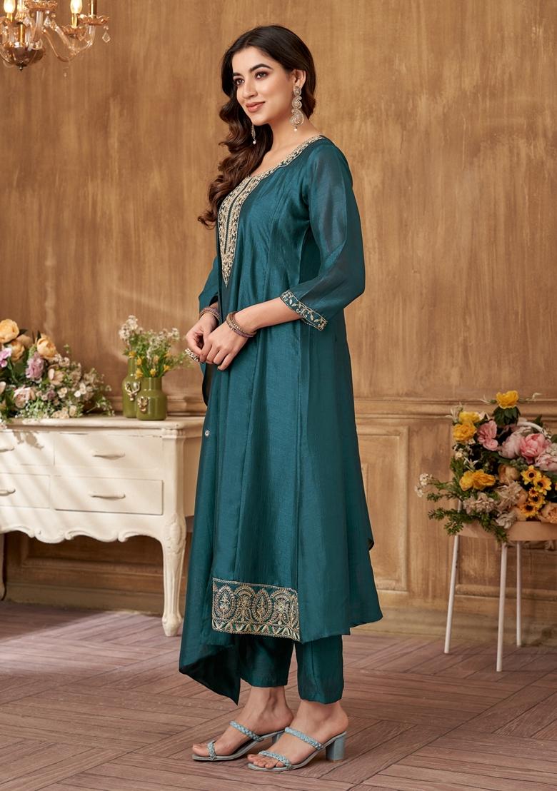 Rama Blue Sequin Zari Embroidered Roman Silk Kurta Set