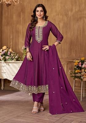 Wine Sequin Zari Embroidered Roman Silk Kurta Set
