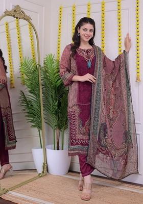 Maroon Digital Print Embroidered Soft Muslin Kurta Set