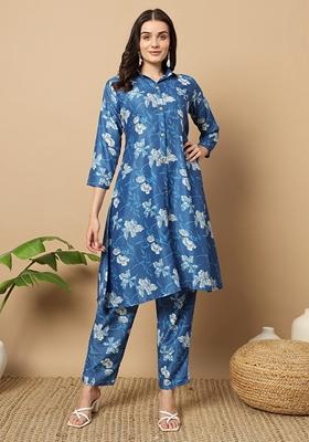 Navy Blue Digital Print MuslinKurta Set