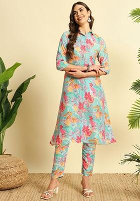 Aqua Blue Digital Print Cotton
Kurta Set