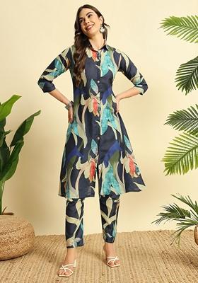 Navy Blue Digital Print CottonKurta Set