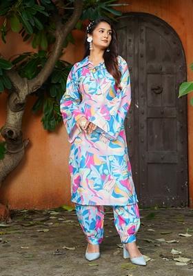 Blue And Pink Digital Print Cotton
Kurta Set