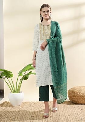 Green Woven Embroidered Cotton
Kurta Set