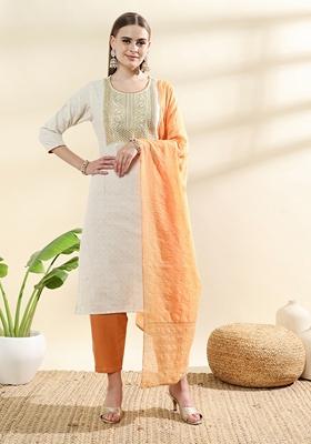 Mustard Yellow Woven Embroidered Cotton
Kurta Set