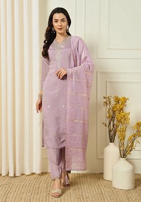 Lavender Embroidered Roman Silk
Kurta Set