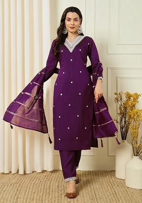 Wine Embroidered Roman Silk
Kurta Set