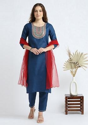 Navy Blue Embroidered Slub Cotton
Kurta Set