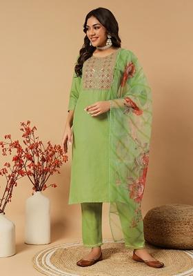 Pista Green Embroidered Slub Cotton
Kurta Set