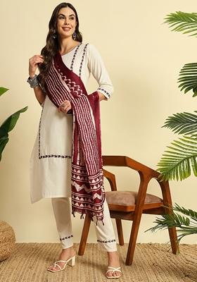 Off White Printed Khadi Cotton Kurta Set