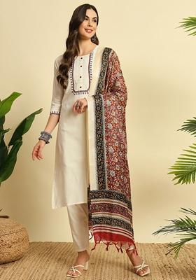 Cream Printed Khadi Cotton Kurta Set