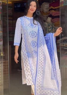 White And Blue Floral Print Viscose Kurta Set