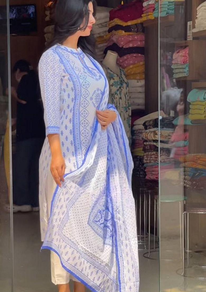 White And Blue Floral Print Viscose Kurta Set