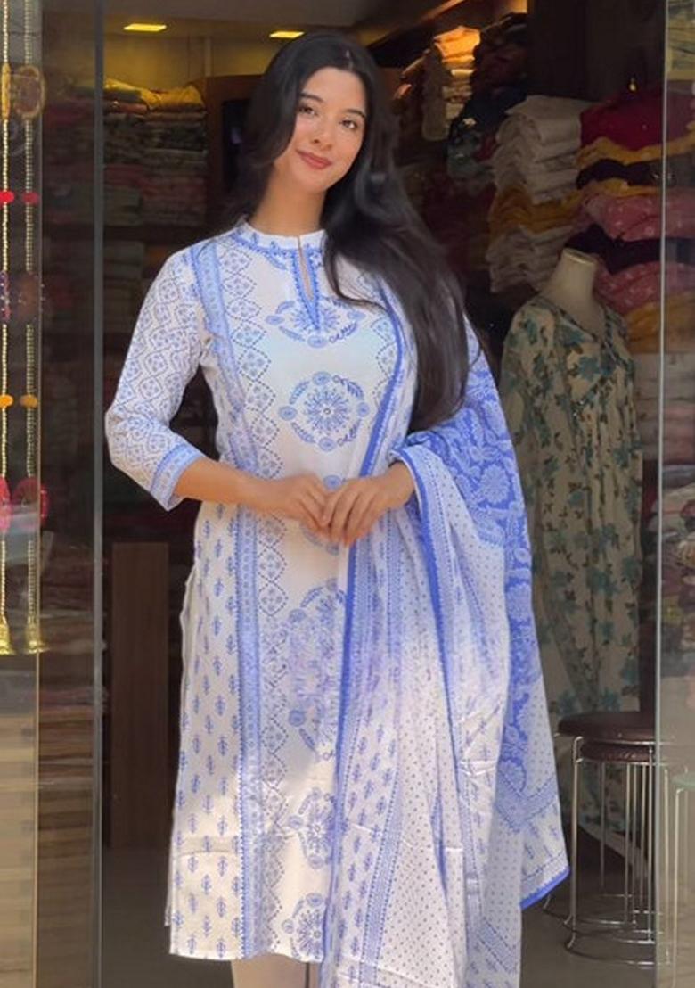 White And Blue Floral Print Viscose Kurta Set