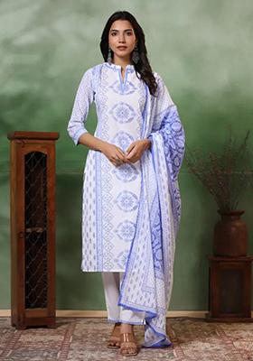 White And Blue Floral Print Viscose Kurta Set