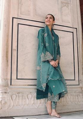Pine Green Embroidered Viscose Chanderi Kurta Set