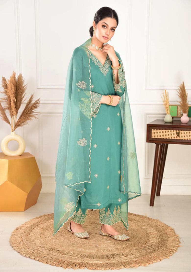 Pine Green Embroidered Viscose Chanderi Kurta Set