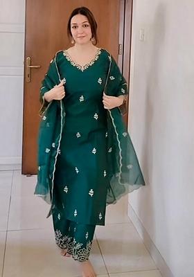 Green Floral Embroidered Viscose Silk Kurta Set