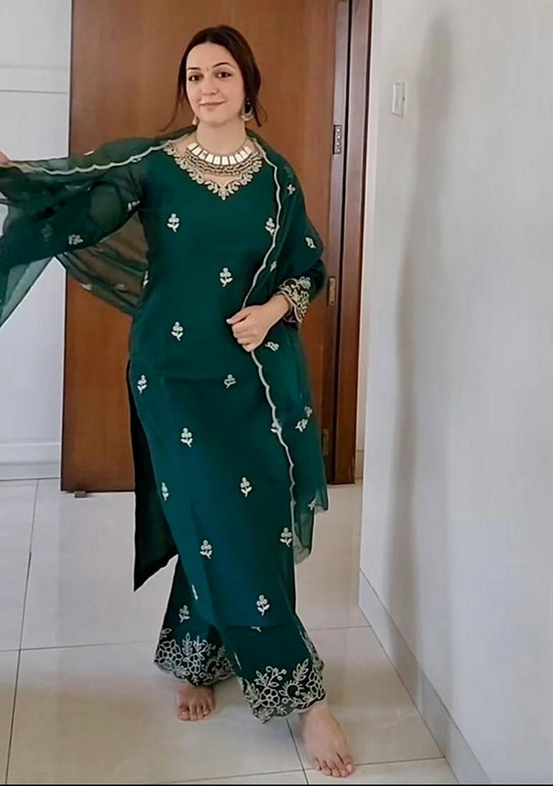 Green Floral Embroidered Viscose Silk Kurta Set