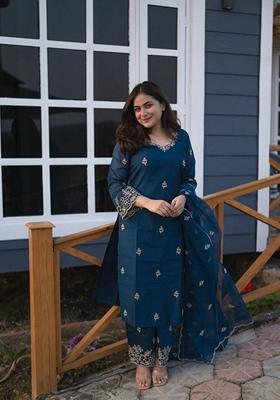 Teal Blue Floral Embroidered Viscose Silk Kurta Set