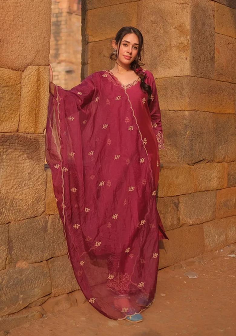 Wine Embroidered Viscose Silk Kurta Set