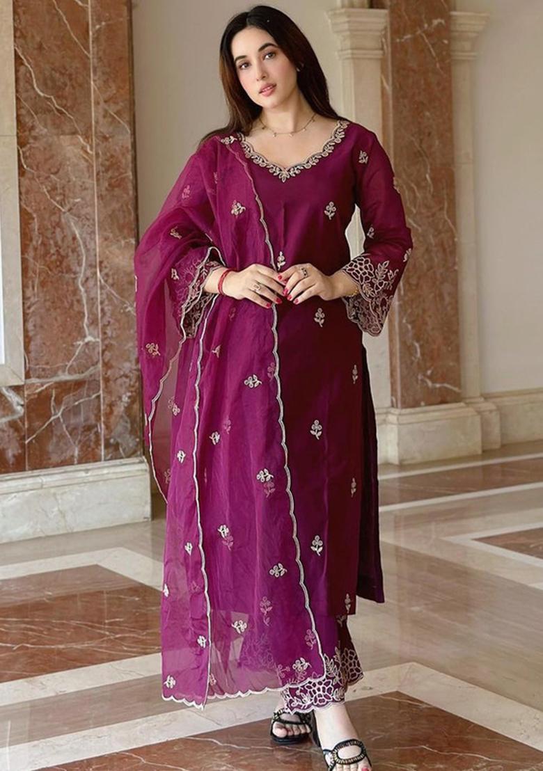 Wine Embroidered Viscose Silk Kurta Set