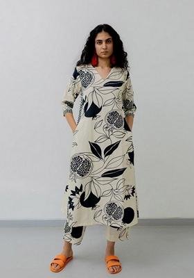 White Floral Print Viscose Kurta Set