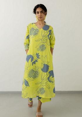 Yellow Floral Print Viscose Kurta Set
