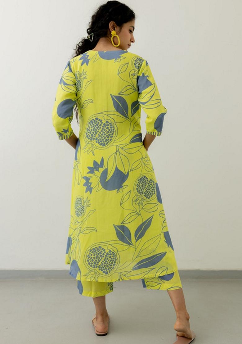 Yellow Floral Print Viscose Kurta Set