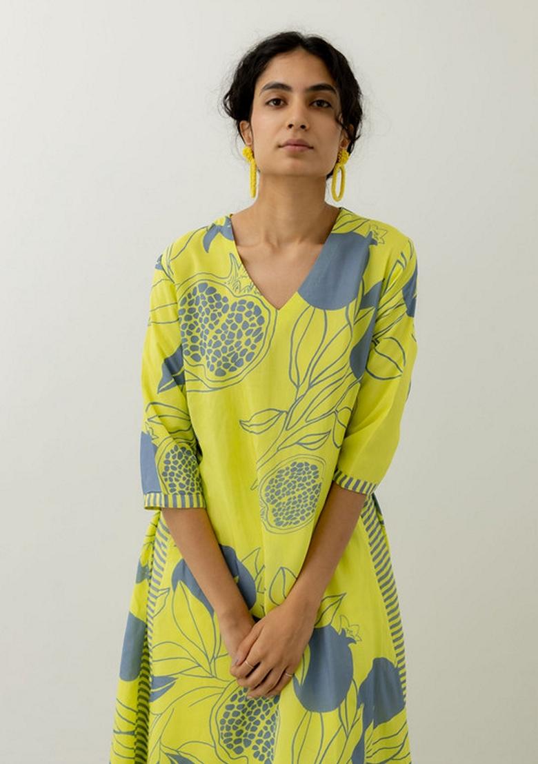 Yellow Floral Print Viscose Kurta Set