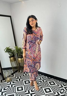 Purple Floral Print Viscose Kurta Set