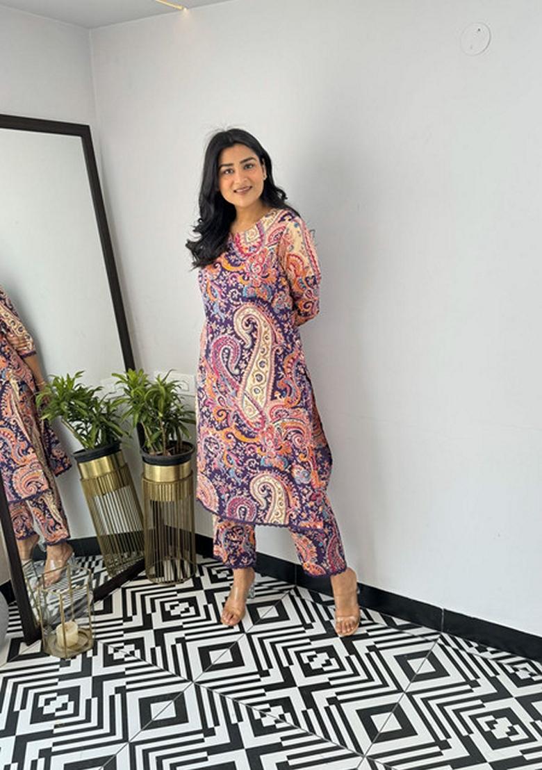 Purple Floral Print Viscose Kurta Set