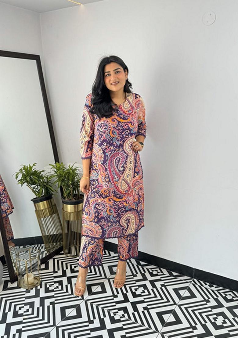 Purple Floral Print Viscose Kurta Set