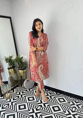 Red Floral Print Viscose Kurta Set