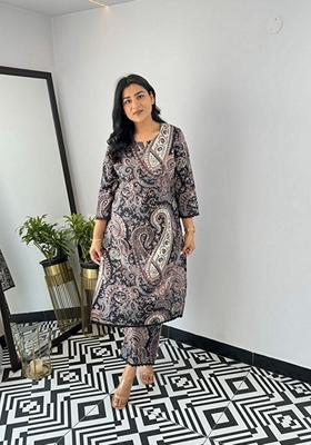 Black Floral Print Viscose Kurta Set