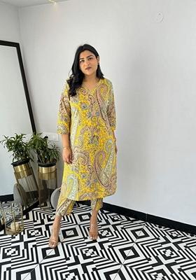 Yellow Floral Print Viscose Kurta Set