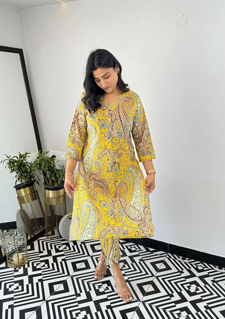 Yellow Floral Print Viscose Kurta Set