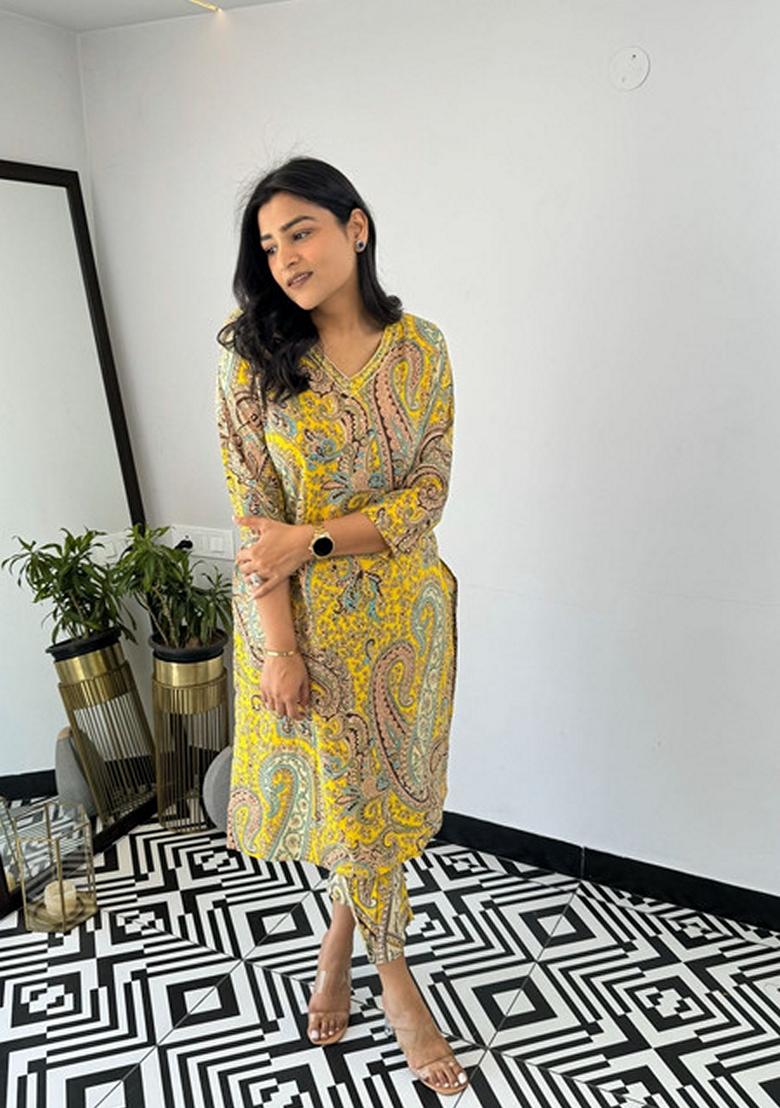 Yellow Floral Print Viscose Kurta Set