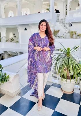 Purple Printed Viscose Kurta Set