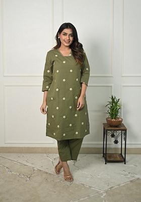 Mehendi Green Floral Embroidered Cotton Kurta Set
