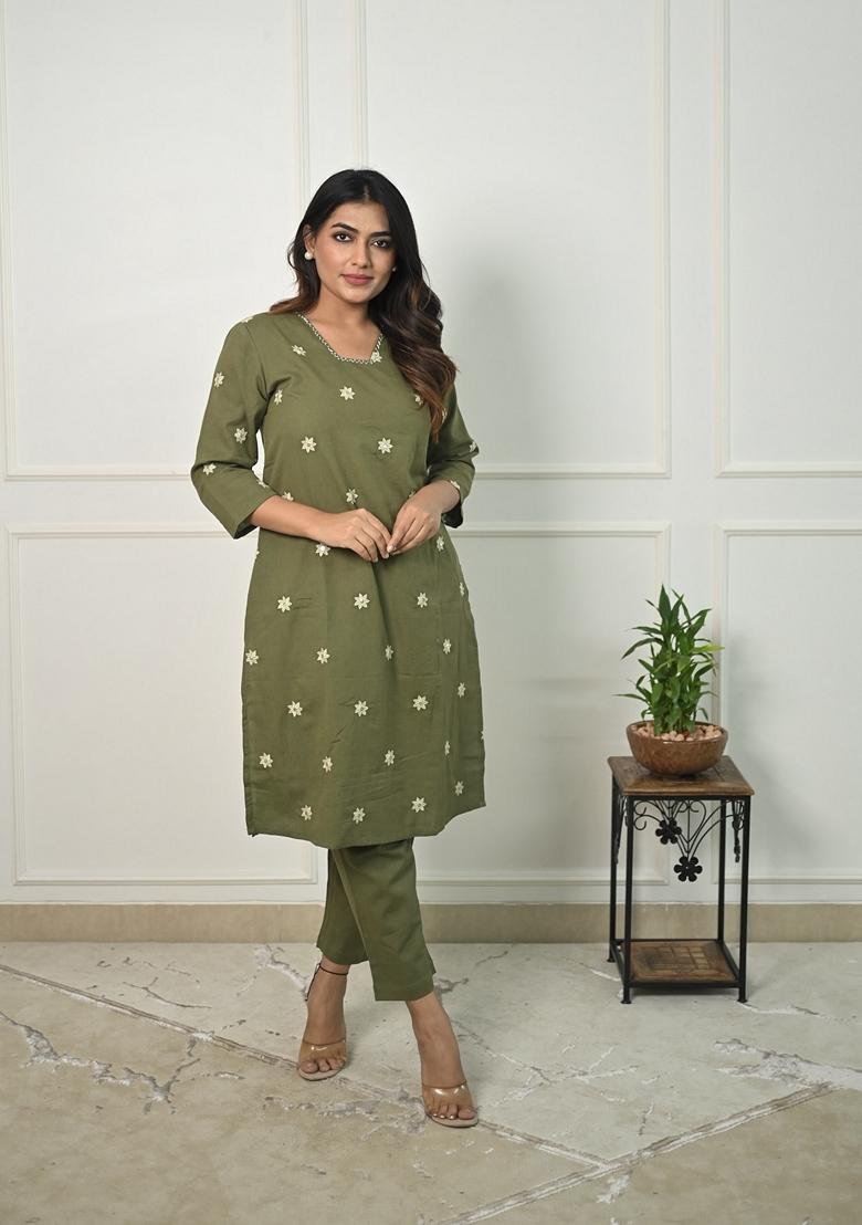 Mehendi Green Floral Embroidered Cotton Kurta Set