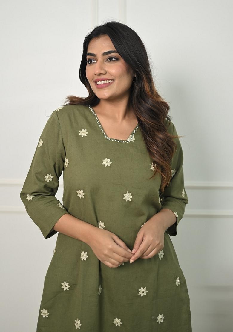 Mehendi Green Floral Embroidered Cotton Kurta Set