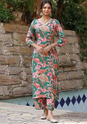 Green Floral Print Viscose Co-Ord Set