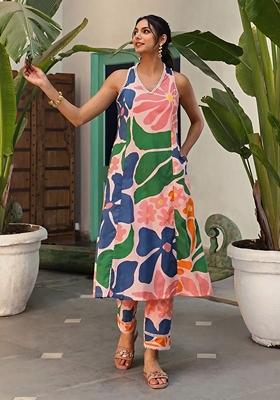 Pink And Green Floral Print Viscose Kurta Set