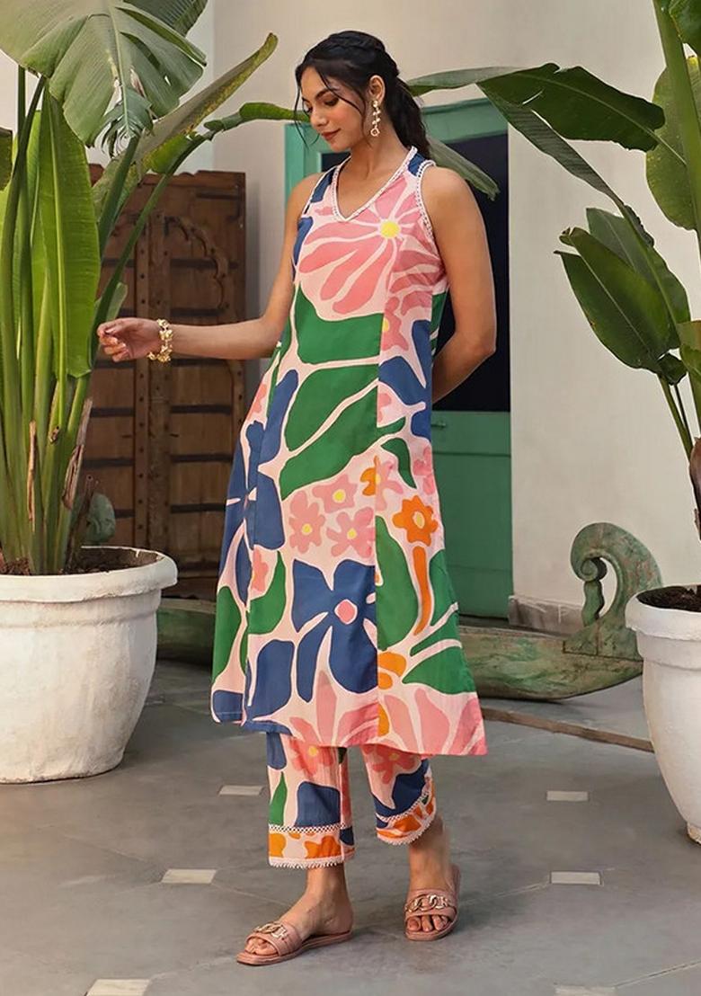 Pink And Green Floral Print Viscose Kurta Set